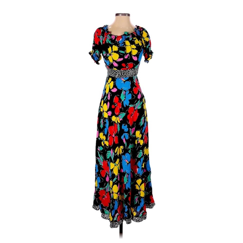 NWT RIXO fBlack Colorful Floral Off-Shoulder Maxi Dress Ruffle Puff Sleeve